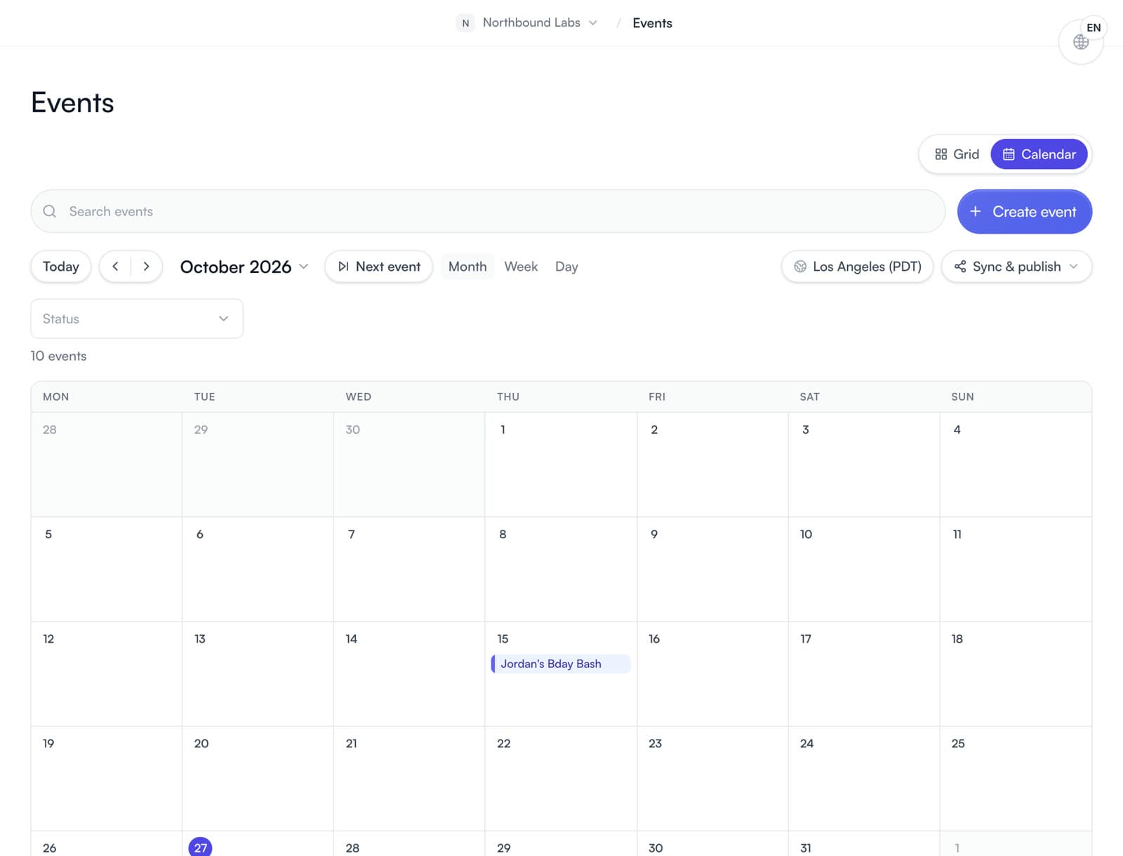 The organization's events shown on a month calendar.